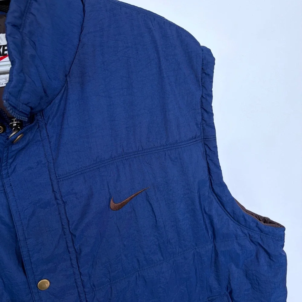 Vintage 90s Nike Puffer‎ Vest XL Men's Blue 920220 KL4 Brown Swoosh Winter Nylon